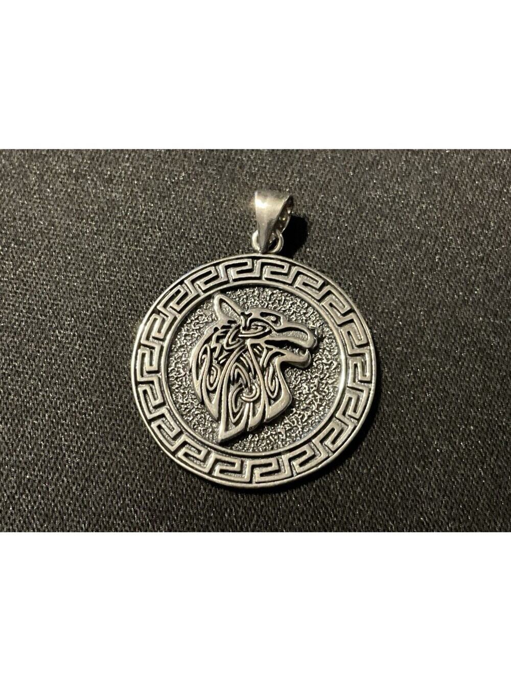 925 Wolf Head With Greek Key Border Pendant/Medallion